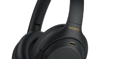 a black headphones with gold text